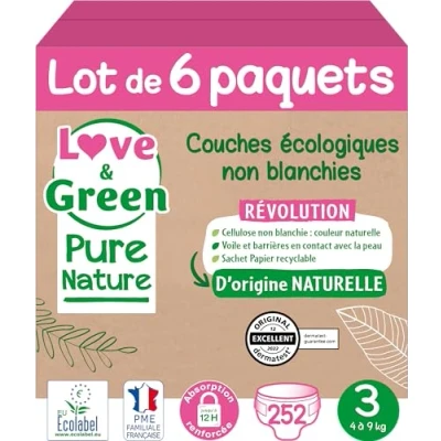 Afbeelding van Love &amp; Green Pure Nature 252 ongebleekte ecologische luiers, T3 x 42 (4 9 kg)