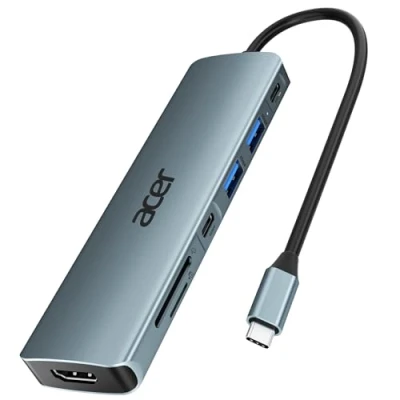 Afbeelding van acer USB C Hub, 7 in 1 adapter naar HDMI, 2 3.0 en 5 Gbps, HDMI 4K @30Hz, PD 100W, SD/TF kaartlezer, compatibel met iPad Pro, MacBook, Galaxy S20 enz