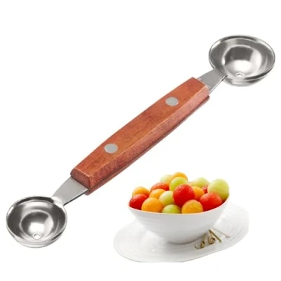 Afbeelding van Westmark Ball Carver Double Face Woody Kleine Parijse lepel met meloen, kiwi, andere groenten en fruit voor ijs, kaas of boter, roestvrij staal, hout
