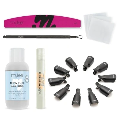 Afbeelding van Mylee Take Off Kit Complete set voor het verwijderen van gelnagellak, semi permanent, met aceton, herbruikbare tangen, nageldoekjes, nagelvijl, oliepen, nagelriemolie, schraper gellak