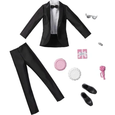 Afbeelding van Mattel Barbie Ken Fashion 2 stuks, Groom outfit voor kenpop met tuxedo, schoenen, horloge, cadeau, bruiloftstaart dienblad en boeket