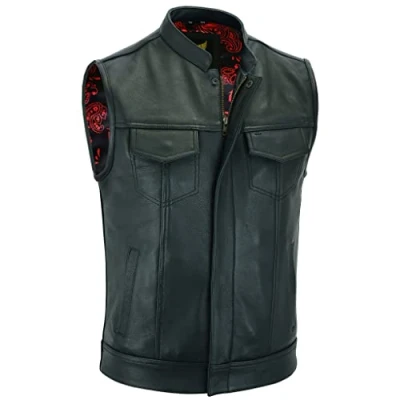 Afbeelding van Leatherick Soa Paisley Leren bikervest voor heren, Zwart genaaid