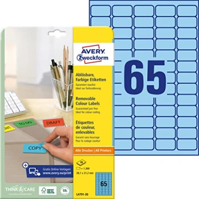 Afbeelding van Avery Gekleurde Etiketten Ft 38,1 X 21,2 Mm (b H), Afneembaar, Blauw, 1300 Stuks, 65 Per Blad Etiket