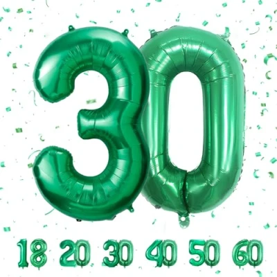 Afbeelding van Ballonnen verjaardag 30, groen, 100 cm, ballon cijfer nummer Happy Birthday decoratie, ballonnen, verjaardagsfeest, jaren vliegen dankzij heliumballonnen 30