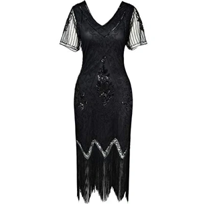 Afbeelding van ArtiDeco 1920 Flapper Fringed Pailletten Jurk Brullende jaren &#039;20 Fancy Gatsby Kostuum V hals Vintage Kralen Avondjurk, Zwart, L