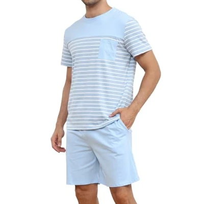 Afbeelding van Reliwel Korte pyjama voor heren, tweedelig, katoen, zomerset, shorts, ronde hals, pyjamabroek met zak, zacht, thuis, Lichtblauw