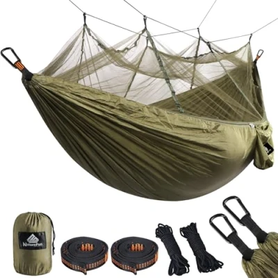 Afbeelding van NatureFun Ultralichte campingreishangmat 300 kg draagvermogen, (275 x 140 cm) ademend, sneldrogend parachute nylon 2 hoogwaardige karabijnhaken, 4 riemen inbegrepen