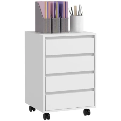 Afbeelding van HOMCOM Bureaukast op wieltjes, 4 uittrekbare laden van hout, wit