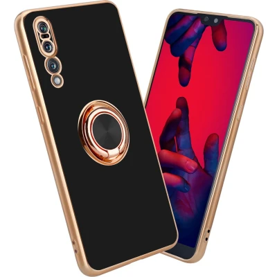 Afbeelding van Cadorabo Hoesje geschikt voor Huawei P20 PRO / PLUS in Glossy Zwart Goud met ring Beschermhoes van flexibel TPU silicone Case Cover camerabescherming en magnetische autohouder