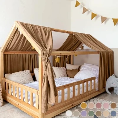 Afbeelding van Lilimaus Bedhemel, 100% katoenen mousseline, baldakijn voor kinderen, gordijnen kinderbed 90 x 200 cm en 120 cm, kinderkamerdecoratie, cadeau meisjes jongens