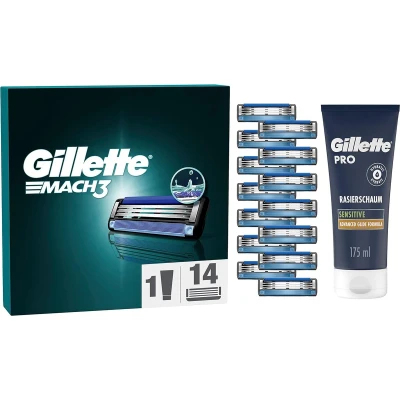 Afbeelding van Gillette Mach3 Scheermesjes 14 Navulmesjes + Pro Sensitive Scheerschuim 175 ML