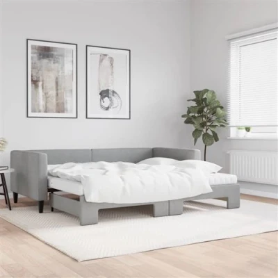 Afbeelding van vidaXL Slaapbank onderschuifbed en matrassen 90x200 cm stof lichtgrijs
