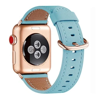 Afbeelding van WFEAGL Armband compatibel met 38 mm, 40 horlogeband, vele kleuren, volnerf leer, reservearmband, horloges serie 5/4/3/2/1 (38 Tiffanyblauw + roségouden adapter)