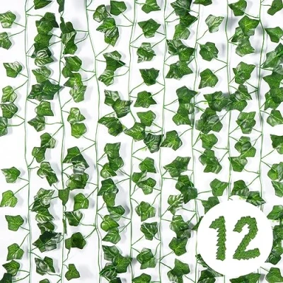 Afbeelding van Vinabo kunstklimop, decoratie voor slaapkamer, 12 stuks, 2,1 m, slinger keuken, terras, schommel, bruiloft, kantoor, feest, Kerstmis, Halloween, groen