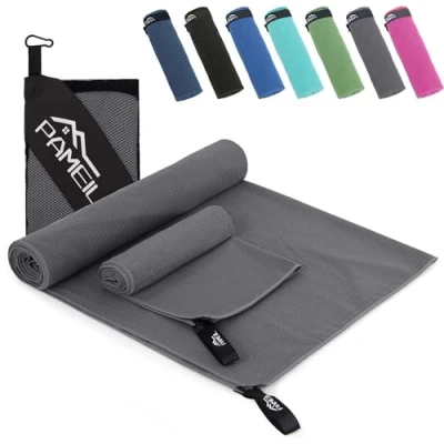 Afbeelding van Pameil Set van 2 microvezel handdoeken (grote badhanddoek 160 x 80 cm + kleine handdoek 40 cm) compact en sneldrogend sporthanddoek, reishanddoek,