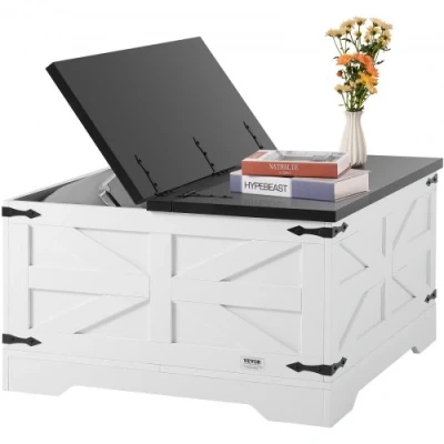 Image de VEVOR table basse de salon carrée à charnière rangement 800 mm noir blanc