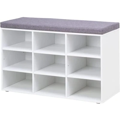 Afbeelding van VASAGLE LHS009W14 Schoenenbank met zitting, kussen en 9 vakken, opbergrek voor hal, belastbaar tot 136 kg, wolkenwit/duifgrijs