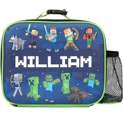Afbeelding van Minecraft Gepersonaliseerde lunchtas voor kinderen, geïsoleerde snacktas jongens en meisjes, naamaanpassing, donkerblauw
