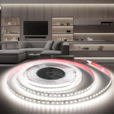 Afbeelding van BRIMETI Ledstrip, 24 V, 10 m, koudwit, 6000 K, 1200 leds, flexibel, CRI&gt; 90, breedte 8 mm, zelfklevend, binnenverlichting voor huis, slaapkamer, keuken, spiegel (zonder voeding)
