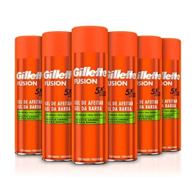 Afbeelding van Gillette Fusion scheergel voor mannen de gevoelige huid Action x 5, verpakking van 6 200 ml, met amandelolie, reinigt, hydrateert en beschermt