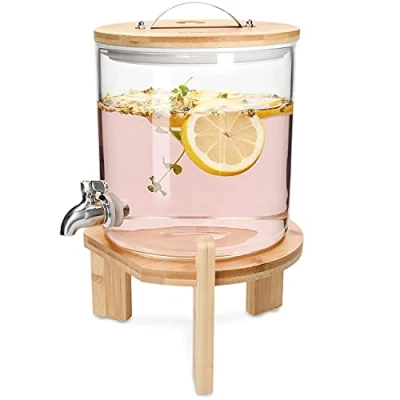 Afbeelding van Navaris glazen limonadetap met kraantje Drankdispenser houten standaard Sapdispenser Voor koude en warme dranken 5L feestjes