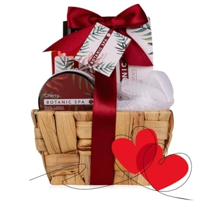 Afbeelding van Accentra CHERRY SPA Badset voor dames in zeegras mand, 4 delige verzorgingsset met douchegel, badzout, bodylotion en mesh spons, feel good geschenkdoos