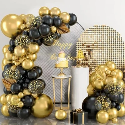 Afbeelding van Zwarte en gouden ballonnenboogset, slinger van 115 latexballonnen met confetti voor jongens mannen, verjaardag, afstuderen, Nieuwjaar, bruiloft, pensioen, feestdecoraties