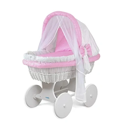 Afbeelding van WALDIN Complete kinderwagen/wieg,44 modellen beschikbaar,Frame/gelakte witte wielen,roze stofkleur/geruit