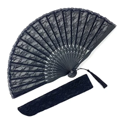Afbeelding van Eastern Wind Opvouwbare waaier van zwart kant, 21,6 cm