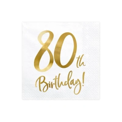 Afbeelding van Partydeco Servetten 80th birthday wit (20 stuks)