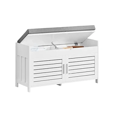 Afbeelding van SoBuy FSR102 W Opbergbank met gevoerd kussen, lage kast, entree, schoenenkast, comfortabele bank geïntegreerde kist en 2 deuren, 90 x 33 80 cm,