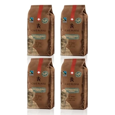 Afbeelding van 4 x 500 g Café Royal Honduras Intenso geroosterde koffiebonen praktisch formaat zakken van 0,5 kg intensiteit 4/5 bonen 100% duurzame Arabica uit Fairtrade gecertificeerd