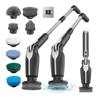 Afbeelding van Leebein Elektrische reinigingsborstel met 8 verwisselbare borstelkoppen, afstandsbediening, verstelbare lange handgreep, 38 132 cm, 2 snelheden, voor badkamer, zwart