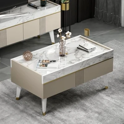 Afbeelding van Homidea KARYA tv kast, woonkamer, kast met 3 deuren in modern design (salontafel, beige/marmer)