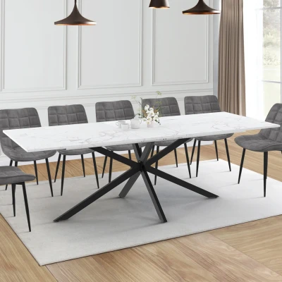 Image de Table à manger extensible rectangle ALIX 8 12 personnes pied araignée noir plateau effet marbre blanc ALASKA 200 240 cm IDMarket