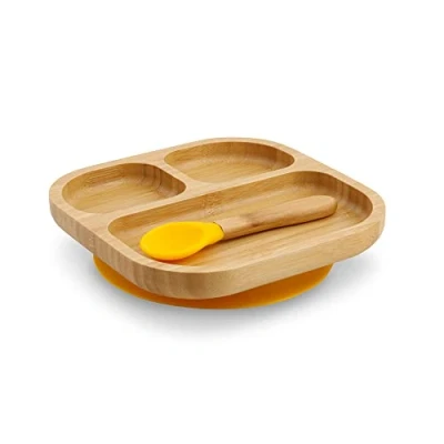 Afbeelding van Bamboebordenset, square, zuignapborden met lepel, FSC gecertificeerd, shady bambooe houten komset voor peuters, kinderplank en snackschaal, babybamboeservies, hoekig, geel