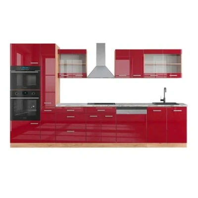 Afbeelding van Vicco Keukenblok R Line wijnrood, hoogglans, Goldkraft eiken/Goldkraft eiken, met hoge kast, AP marmer