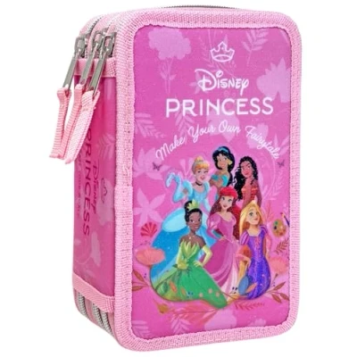 Afbeelding van Clondo Trousse triple pour enfants, garçons et filles, 44 accessoires scolaires, 3 fermetures éclair, crayons de couleur, feutres, ciseaux, Princess25, à