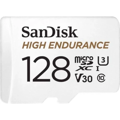 Image de SanDisk 128 Go High Endurance carte microSDXC pour les caméras IP et embarquées + adaptateur SD jusqu&#039;à 10 000 heures de vidéo Full HD / 4K 100 Mo/s UHS I Class U3 V30