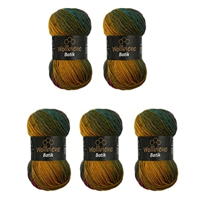Afbeelding van Wollbiene Batik Set van 5 bollen breiwol 100 g 500 Met kleurverloop Multicolour 5800 Rood en oker groen)