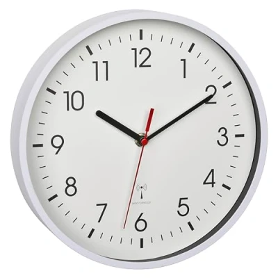 Image de TFA Dostmann 60.3550.02 Horloge murale analogique radio pilotée haute précision moderne avec couvercle en verre pour bureau, maison, cadeau, 245 x 42 mm, blanc