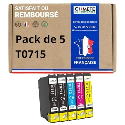 Afbeelding van COMETE, Frans merk T0715 5 inktpatronen, compatibel met Epson Cheetah (T0711 T0712 T0713 T0714) inktcartridge voor (2 zwart, 1 cyaan, magenta geel)