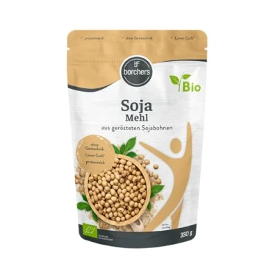 Afbeelding van borchers Hoogwaardig biologisch sojameel, vegetarisch en veganistisch, hoog vezel eiwitgehalte, gemaakt van geroosterde sojabonen, 350 g