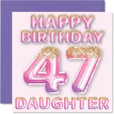 Afbeelding van stuff4 Verjaardagskaart voor meisjes 47 jaar, roze en paarse glitterballonnen, verjaardagskaarten jarige dochter van mama papa, 145 mm x