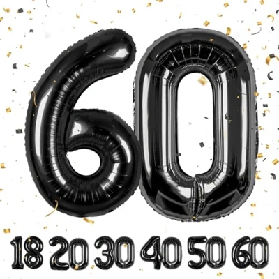 Afbeelding van Verjaardagsballon in de vorm van een cijfer voor 60e verjaardag, zwart, 101 cm verjaardagsdecoratie, vliegt met helium, mannen en vrouwen, verjaardagsfeest