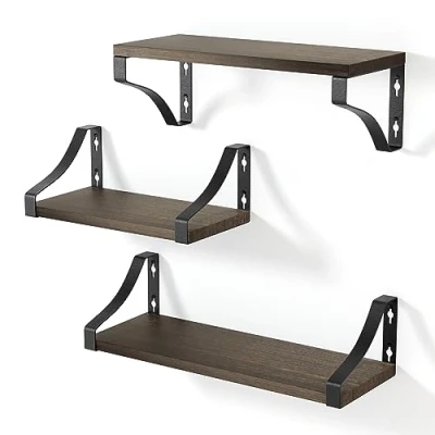 Afbeelding van edihome, Wandplanken, 3 niveaus, zwevend, van natuurlijk hout, decoratie, ideaal voor woonkamer, slaapkamer, badkamer (donker eiken)
