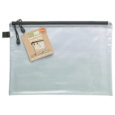 Afbeelding van eco A4 95% gerecycleerde dubbele zak super sterke tuff tas waterdichte versterkt mesh rits zwart 2 zakken