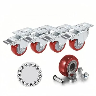 Afbeelding van 4 stuks 75 mm zwenkwielen met rem, maximale belasting 400 kg, dubbele vergrendeling, robuuste 360 graden wielen voor bureaustoelen en tuinmeubelen, rood
