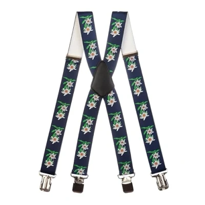Afbeelding van Olata Robuuste X bretels voor heren met Edelweiss patroon, 2,5 cm / 4 cm, Donkerblauw