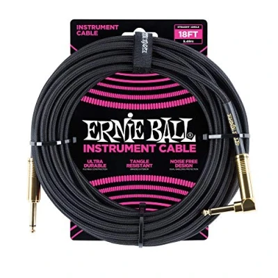 Afbeelding van Ernie Ball 6086 geweven gitaar kabel 5,5 meter zwart 1x haaks, recht jack 6,35 mm